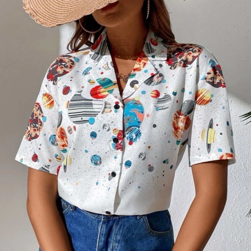 Space Patterned Button Down - White Short Sleeve - image 1